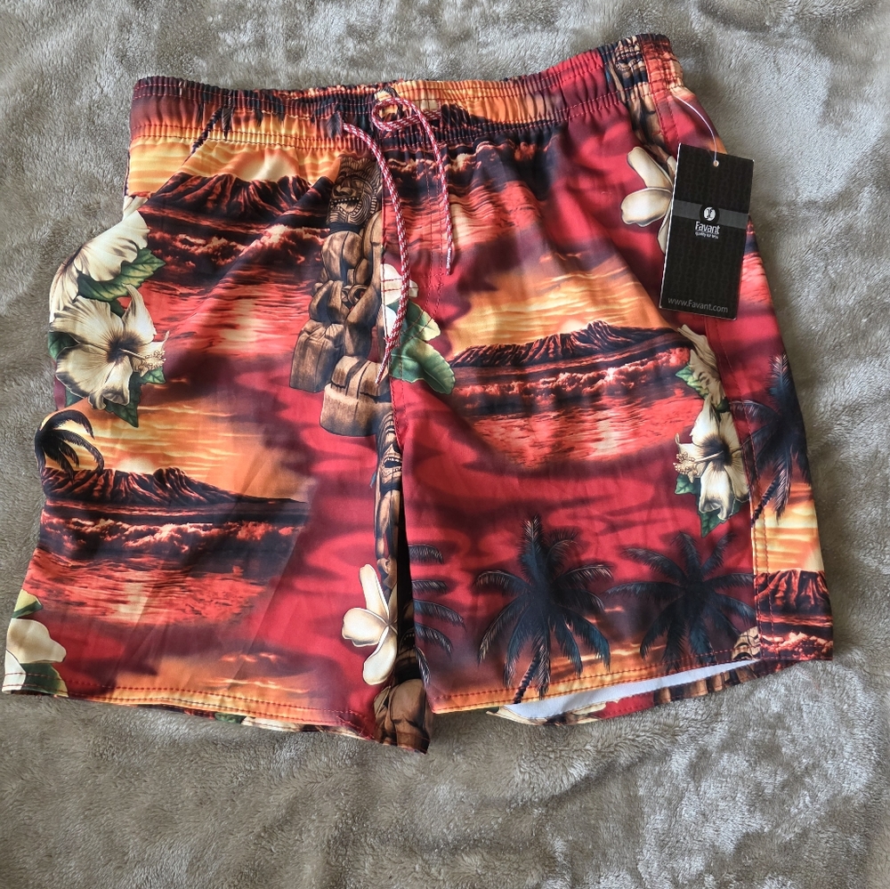 * Favant Tropical Print Kids Shorts-Swim-Bathing Suit W/Pockets Drawstring Sz 14